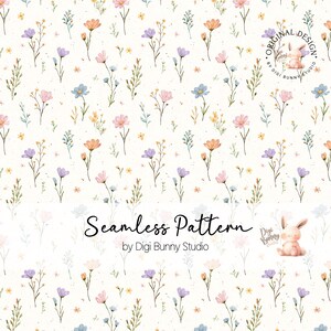May include: A seamless pattern featuring watercolor flowers in shades of pink, orange, blue, and purple on a cream background. The design includes the text "Seamless Pattern" and is by Digi Bunny Studio.