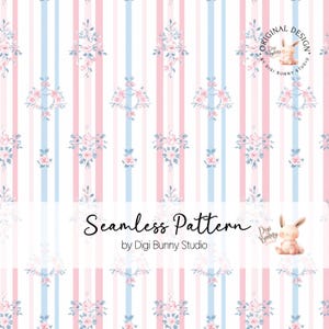 Millennial Granddaughter Coquette Bow Stripes Floral Spring Seamless Pattern Blue Pink Flower Soft Girl Botanical Fabric Repeat Pattern Png