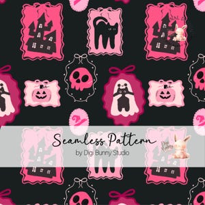 Modèle sans couture d'Halloween noir et rose cadre mignon chat fantôme Coquette motif de tissu pour enfants Halloween rose noeuds motif de répétition numérique png thumbnail