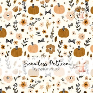 Può includere: Un motivo senza cuciture con zucche, fiori e fiocchi in tonalità marrone, beige e nero su sfondo crema. Il testo "Seamless Pattern" è visualizzato, insieme al logo Digi Bunny Studio.