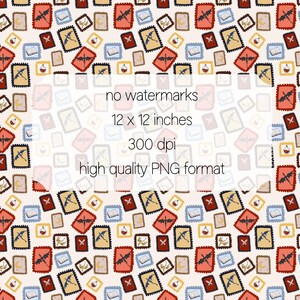 May include: A repeating pattern of postage stamp-like designs in various colors, including red, yellow, and blue, with a cream-colored background. The stamps feature illustrations of bats, books, potions, and other fantasy-themed elements. The image also includes the text "no watermarks, 12 x 12 inches, 300 dpi, high quality PNG format."