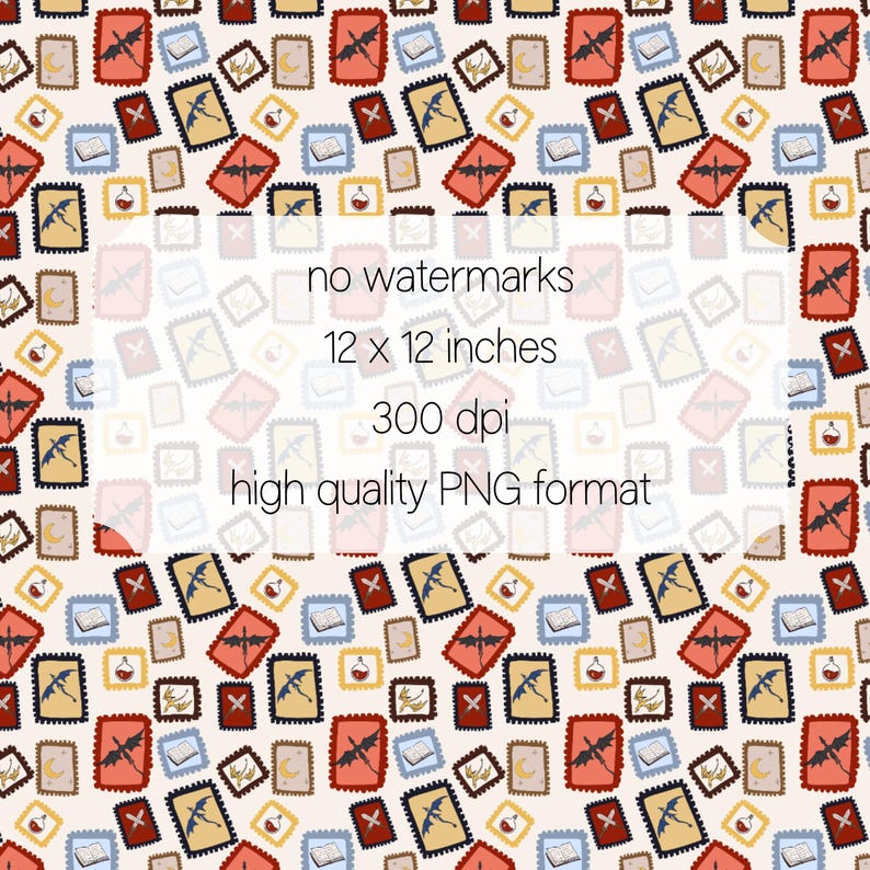May include: A repeating pattern of postage stamp-like designs in various colors, including red, yellow, and blue, with a cream-colored background. The stamps feature illustrations of bats, books, potions, and other fantasy-themed elements. The image also includes the text "no watermarks, 12 x 12 inches, 300 dpi, high quality PNG format."