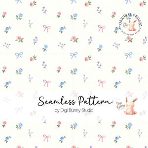 May include: A seamless pattern featuring a delicate floral design with pink and blue roses, lavender sprigs, and light blue bows on a white background. The text "Seamless Pattern" and "by Digi Bunny Studio" are also present.