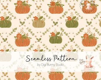 Motivo floreale senza soluzione di continuità con zucche: design autunnale shabby chic (download digitale PNG)