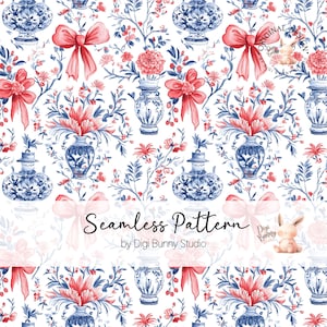 Coquette de toile vintage rouge blanc bleu motif chinoiserie noeud rétro motif de tissu botanique motif de répétition du jour de l'indépendance Png