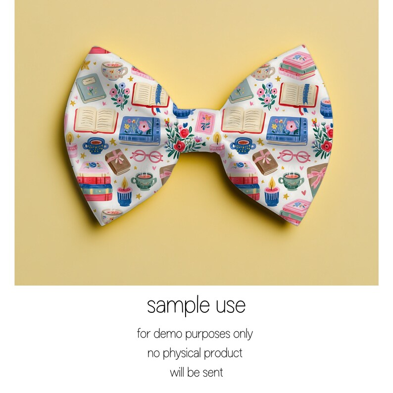 May include: A white fabric bow tie with a repeating pattern of books, teacups, candles, and floral elements. The bow tie is on a yellow background. The text "sample use" is at the bottom of the image.