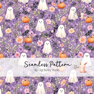 May include: Seamless pattern featuring white ghosts, orange pumpkins, and floral elements on a purple background. The design includes the text "Seamless Pattern" and "by Digi Bunny Studio".