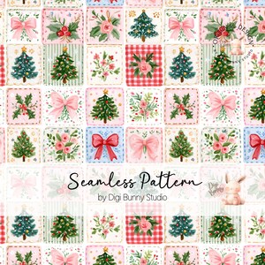 Pastel Christmas Bow Patchwork Seamless Pattern PNG  Pink Coquette Holiday Fabric Design (Digital Download)