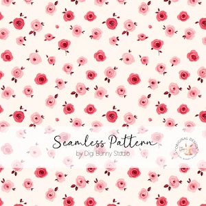Op de afbeelding: Een naadloos patroon met roze en rode rozen op een licht crème achtergrond. Het patroon is perfect voor gebruik in verschillende projecten, zoals stof, behang en inpakpapier. De tekst "Seamless Pattern by Digi Bunny Studio" is opgenomen in de afbeelding.