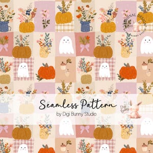 Puede incluir: Un patrón continuo con una cuadrícula de cuadrados que muestra ilustraciones de calabazas naranjas, fantasmas blancos y arreglos florales en jarrones. El fondo tiene tonos rosa, beige y lavanda. El texto dice Seamless Pattern by Digi Bunny Studio.
