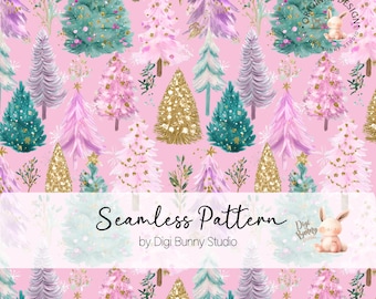 May include: Seamless pattern featuring a repeating design of Christmas trees in shades of pink, teal, gold, and purple on a pink background. The text "Seamless Pattern" is displayed in a cursive font, with the text "by Digi Bunny Studio" below.