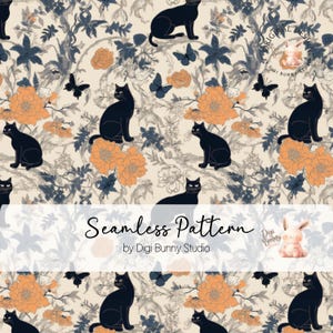 Black Cat Vintage Toile Coquette Naadloos patroon Halloween Chinoiserie Naadloos patroon Stofpatroon PNG Retro Vintage herhalingspatroon