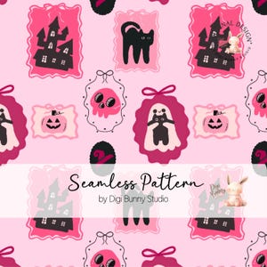 Modèle sans couture d'Halloween noir et rose cadre mignon chat fantôme Coquette motif de tissu pour enfants Halloween rose noeuds motif de répétition numérique png thumbnail