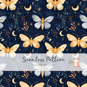 Papillons jaunes fantaisistes et croissant de lune transparente motif cottagecore printemps jardin été nuit numérique fairycore papier motif de surface
