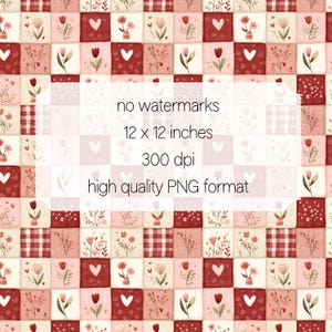 Peut inclure: Motif r&eacute;p&eacute;titif de carr&eacute;s avec des motifs floraux et de c&oelig;urs dans des tons de rouge, de rose et de cr&egrave;me. L'image comprend le texte "no watermarks", "12 x 12 inches", "300 dpi" et "high quality PNG format".