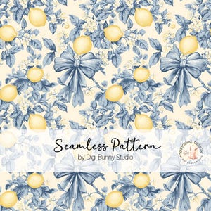 Patrón de tela vintage con estampado de limones y coquette sin costuras, lazo chinoiserie azul, patrón de limones con repetición femenina retro, patrón floral shabby chic png 2