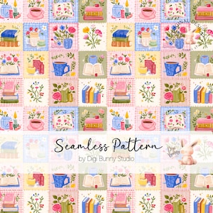 May include: A seamless pattern featuring a patchwork design with watercolor illustrations. The pattern includes books, teacups, flowers, and candles in a soft, pastel color palette. The text "Seamless Pattern" and "by Digi Bunny Studio" are also visible.