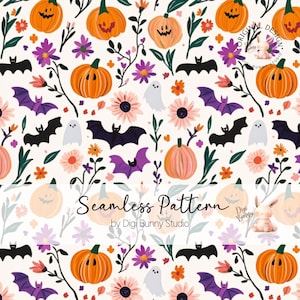 Könnte beinhalten: Nahtloses Muster mit orangefarbenen Kürbissen, lila Fledermäusen, weißen Geistern und rosa und lila Blumen auf cremefarbenem Hintergrund. Der Text "Seamless Pattern" ist in der Mitte des Bildes zu sehen.