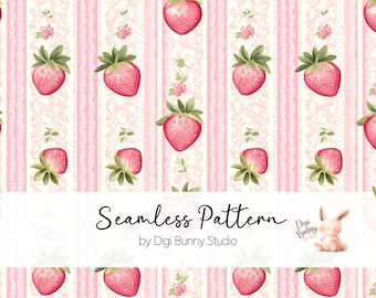 May include: A seamless pattern featuring pink and white stripes with a delicate lace design. The pattern is decorated with red strawberries and small pink flowers.