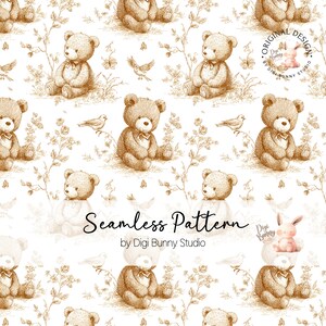Teddybär-Toile-de-Jouy-Muster | Vintage-Kinderzimmerstoff (PNG-Download)