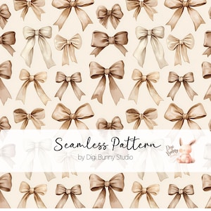 Könnte beinhalten: Ein nahtloses Muster mit einem sich wiederholenden Design aus braunen und beigefarbenen Aquarell-Schleifen auf cremefarbenem Hintergrund. Der Text "Seamless Pattern" und "by Digi Bunny Studio" befindet sich am unteren Rand des Bildes.