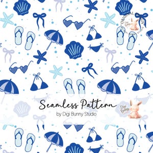 May include: A seamless pattern featuring blue and white beach-themed illustrations. The pattern includes flip flops, sunglasses, seashells, starfish, bows, and umbrellas. The text "Seamless Pattern by Digi Bunny Studio" is at the bottom of the image.