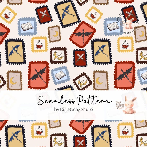 Books and Dragons Stamps Seamless Pattern, Romantasy PNG (Digital Download)