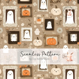 May include: A seamless pattern featuring framed ghosts, pumpkins, and a bunny, with floral accents. The design includes various frame styles and sizes, with a neutral color palette. The text "Seamless Pattern" and "by Digi Bunny Studio" are also visible.