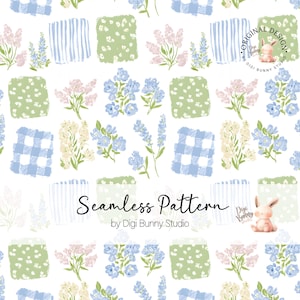 May include: A seamless pattern design with watercolour illustrations of flowers and abstract shapes in pastel colours. The design includes blue, pink, and yellow floral arrangements, along with green, blue, and white patterned blocks. The text "Seamless Pattern" is also included.