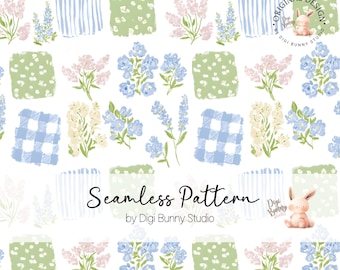 Blue Floral Patchwork Seamless Pattern, Preppy Quilt Design (PNG)