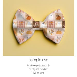 May include: A bow tie featuring a patchwork pattern of light pink, brown, and cream squares. The design includes illustrations of white ghosts, orange pumpkins, autumn foliage, and small bows in a repeating grid layout across the fabric surface.