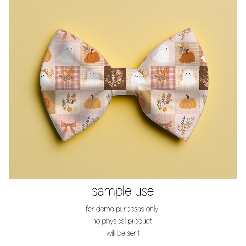 May include: A bow tie featuring a patchwork pattern of light pink, brown, and cream squares. The design includes illustrations of white ghosts, orange pumpkins, autumn foliage, and small bows in a repeating grid layout across the fabric surface.