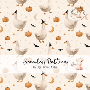 May include: A seamless pattern featuring white geese wearing witch hats, pumpkins, bats, moons, and stars on a cream background. The text "Seamless Pattern" is displayed. The design is by Digi Bunny Studio.