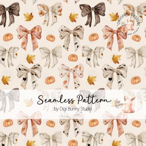 Könnte beinhalten: Nahtloses Muster mit Aquarell-Schleifen, Kürbissen und Herbstblättern in Braun-, Pfirsich- und Cremetönen. Der Text "Seamless Pattern" und "by Digi Bunny Studio" sind ebenfalls sichtbar.