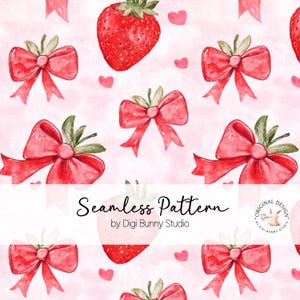 Pode incluir: Um padrão sem costura com morangos vermelhos e laços de aquarela sobre um fundo rosa. O padrão é perfeito para usar em artesanato, scrapbooking e outros projetos criativos.