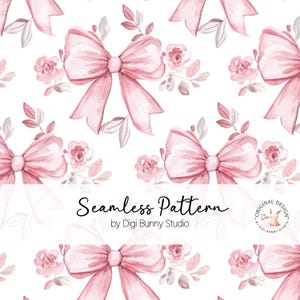 Könnte beinhalten: Ein nahtloses Muster mit rosa Aquarell-Schleifen und floralen Elementen auf weißem Hintergrund. Der Text "Seamless Pattern by Digi Bunny Studio" befindet sich am unteren Rand des Bildes.