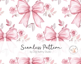 Pink Coquette Bow and Roses Floral Seamless Pattern, Spring Seamless, Flower Pattern, Soft Floral Pattern, Valentine Fabric Pattern Png D2
