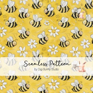 Peut inclure: Un motif sans couture représentant de jolies abeilles de dessin animé volant autour de marguerites blanches sur un fond jaune. Le texte "Seamless Pattern by Digi Bunny Studio" est en bas de l'image.