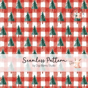 May include: A seamless pattern featuring green watercolor Christmas trees on a red and white checkered background. The words "Seamless Pattern" and "by Digi Bunny Studio" are displayed in the image.