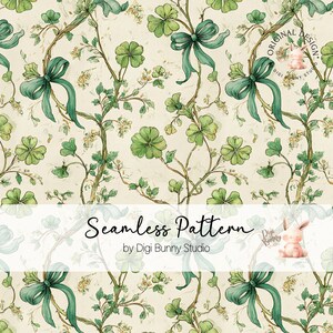 May include: Seamless pattern featuring green bows, four-leaf clovers, and delicate floral elements on a cream background. The design includes the text "Seamless Pattern" and "by Digi Bunny Studio".