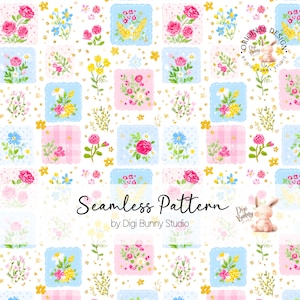 May include: A seamless pattern featuring watercolor floral designs in pink, blue, and yellow. The pattern includes squares with roses, daisies, and other flowers, with the text "Seamless Pattern" and "by Digi Bunny Studio".