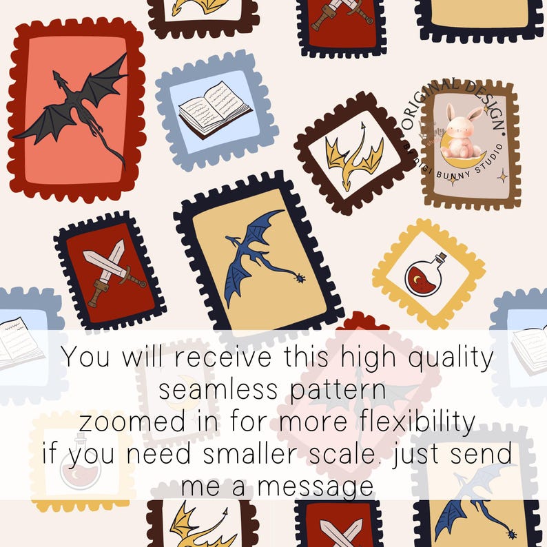 May include: A seamless pattern featuring various fantasy-themed postage stamp designs. Stamps include images of dragons, swords, books, and potion bottles. The color palette includes red, blue, yellow, and brown. Text on the image says, "You will receive this high quality seamless pattern."