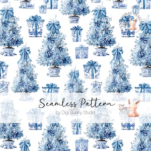 May include: Seamless pattern featuring blue and white floral arrangements, gift boxes with bows, and decorative trees. The design is reminiscent of classic blue and white porcelain, with a delicate and intricate aesthetic. The text "Seamless Pattern" and "by Digi Bunny Studio" are also visible.