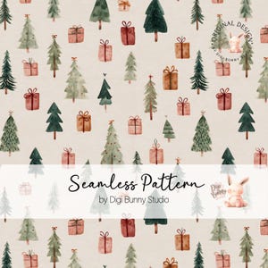 May include: A seamless pattern featuring watercolour illustrations of Christmas trees and wrapped gifts in shades of green, brown, and red on a cream background. The text "Seamless Pattern" is displayed in the centre.