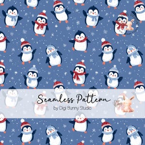 May include: Seamless pattern featuring cartoon penguins wearing winter hats and scarves on a blue background with snowflakes. The text "Seamless Pattern" is displayed in the center, with "by Digi Bunny Studio" below.