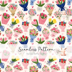 Preppy Tulips Bouquet Seamless Pattern PNG Spring Flowers Fabric Design PNg Digital Download
