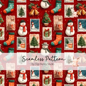 Könnte beinhalten: Nahtloses Weihnachtsmuster auf rotem Hintergrund. Das Design zeigt festliche Elemente wie Schneemänner, Weihnachtsbäume, Geschenkboxen, Strümpfe und Briefmarken. Der Text "Seamless Pattern" und "by Digi Bunny Studio" sind ebenfalls sichtbar.