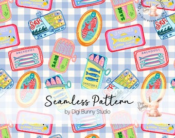 May include: Seamless pattern featuring colorful illustrations of sardine and anchovy cans on a blue and white checkered background. The cans are in various shapes and colors, with text that reads "Sardines" and "Anchovies". The design includes the text "Seamless Pattern" and "by Digi Bunny Studio".