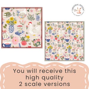 May include: Two square designs featuring a repeating pattern of chickens, flowers, teacups, and books on a beige grid background. The text at the bottom reads "You will receive this high quality 2 scale versions."