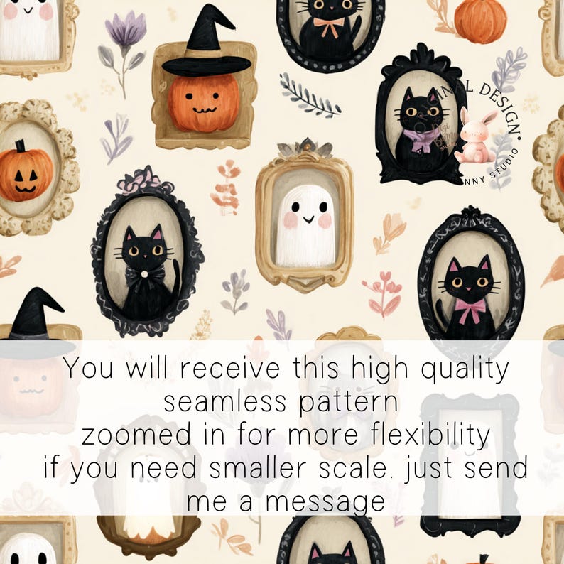 May include: A seamless pattern featuring Halloween-themed illustrations. The design includes framed images of black cats, pumpkins with witch hats, and friendly ghosts. The background is a light beige color with floral and leaf accents. Text on the image says, "You will receive this high quality seamless pattern..."